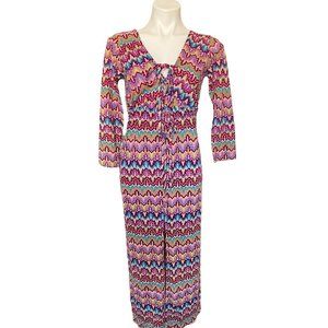 1970 Multicolored Zig Zag‎ Dress Long sleeve Front Laces Size Sexy Small